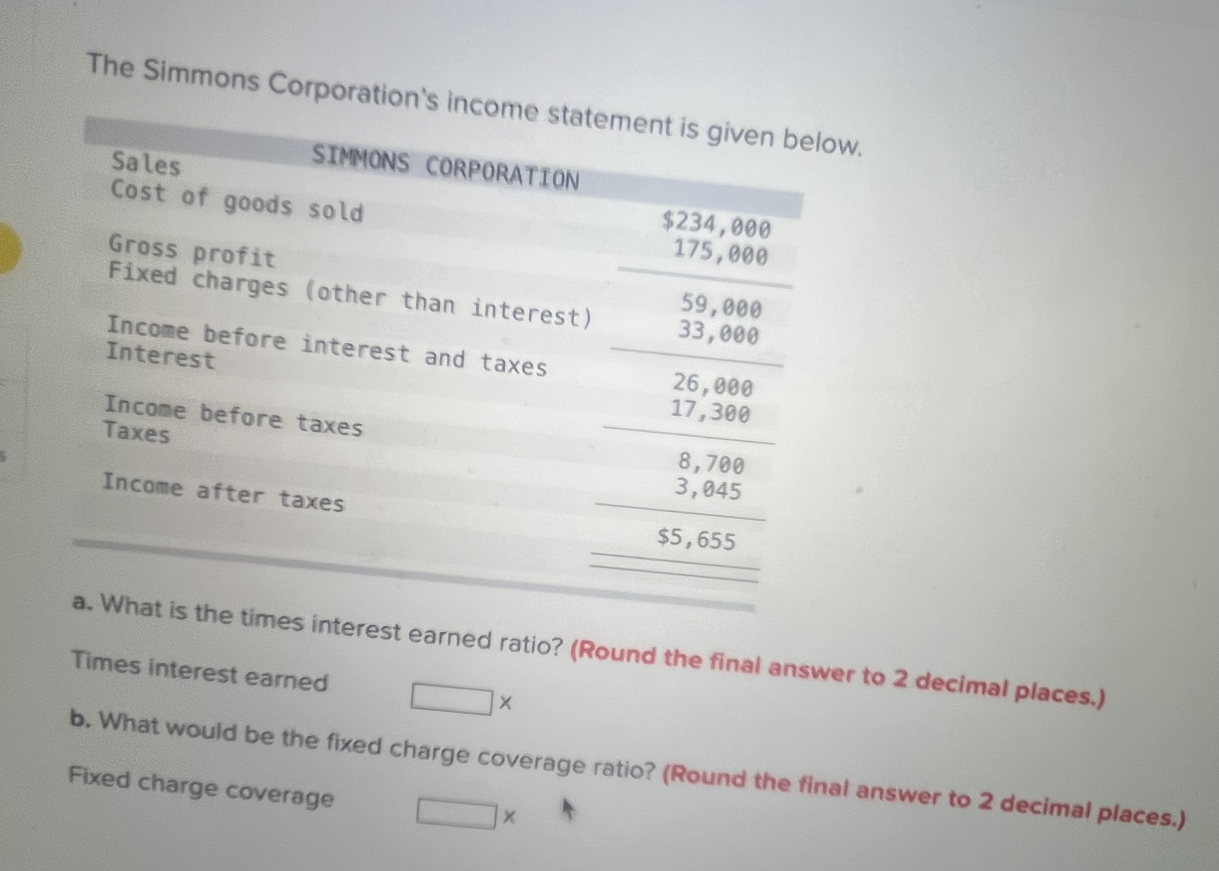  The Simmons Corporation's income statement is given below. \table[[Sales SIMMONS CORPORATION,],[Cost