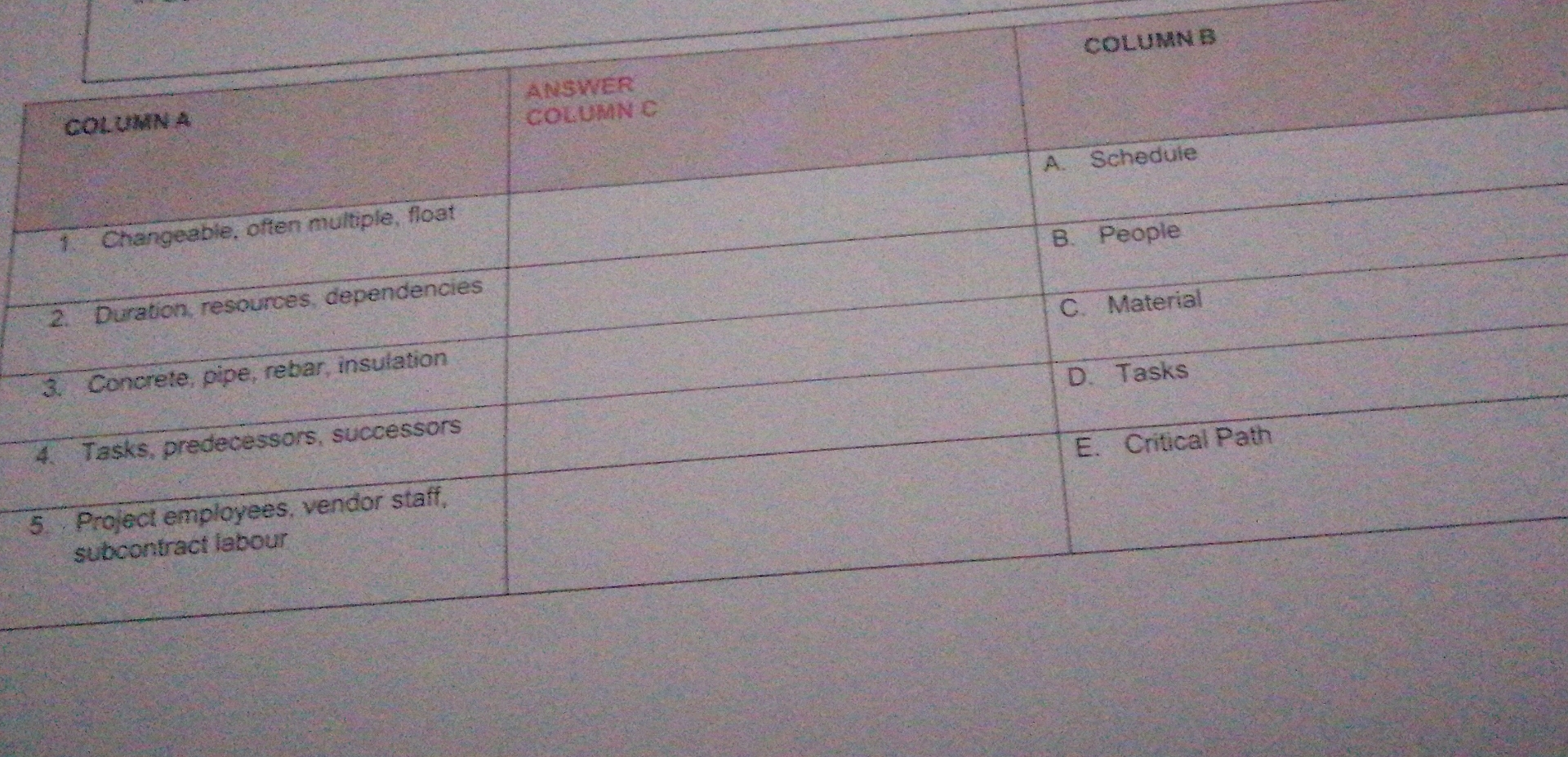  COLUMNB Changeable, often multiple, float B. People Duration, resources, dependencies C.