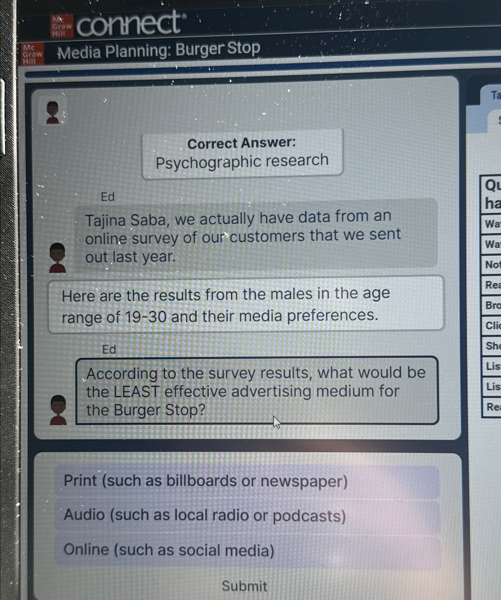  " connect Mra Graw Media Planning: Burger Stop Correct Answer: Psychographic