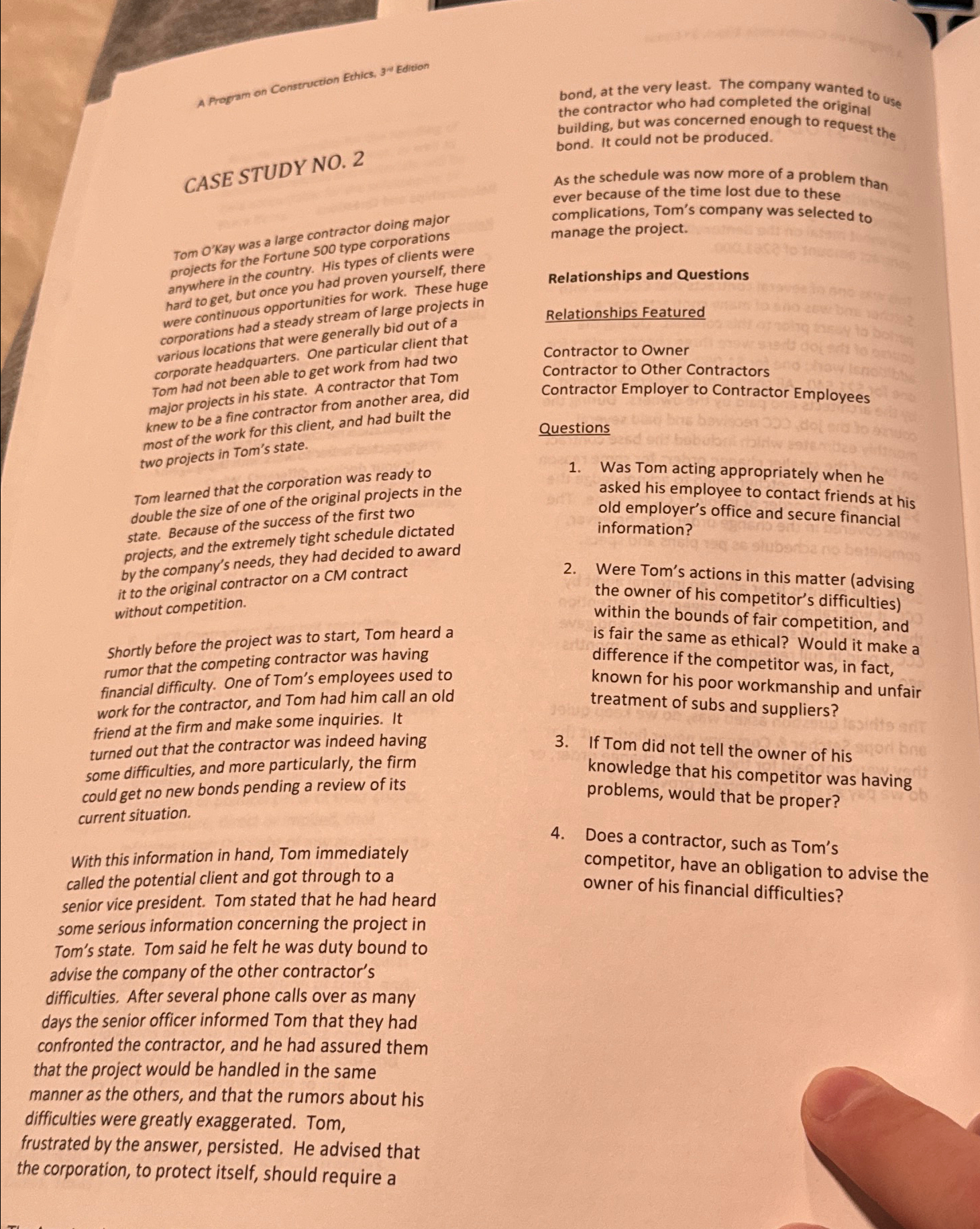  A Program on Construction Echics, 3 adition CASE STUDY NO.2 Tom