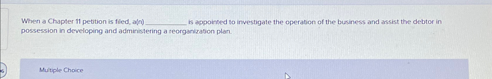  When a Chapter 11 petition is filed, a(n) is appointed to
