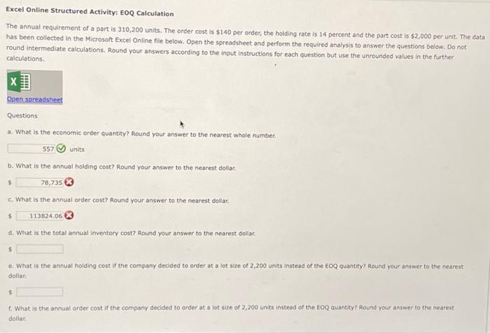  Excel Online Structured Activity: EOQ Please Post Excel formula to Calculation