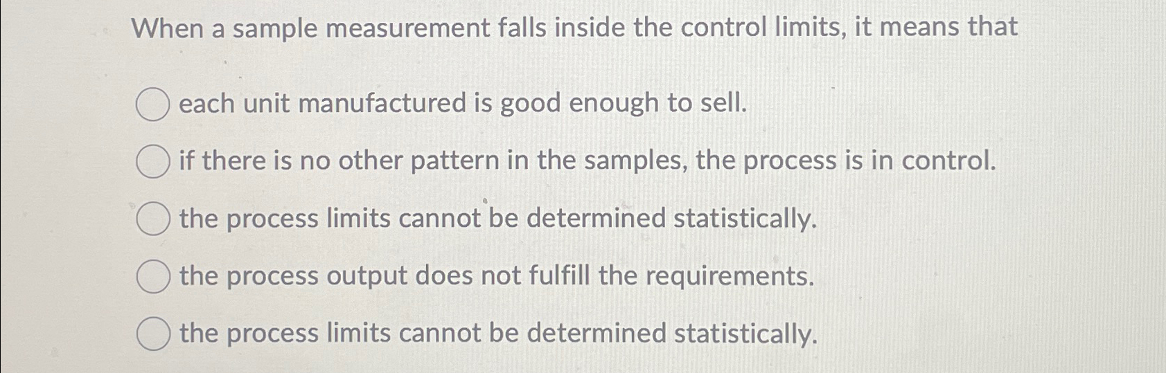  When a sample measurement falls inside the control limits, it means