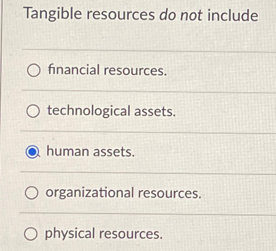  Tangible resources do not include financial resources. technological assets. human assets.