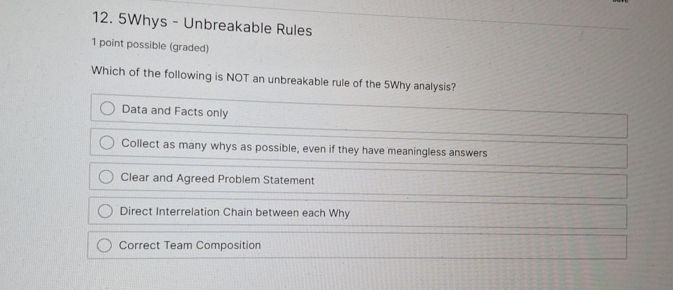  5 Whys - Unbreakable Rules 1 point possible (graded) Which of