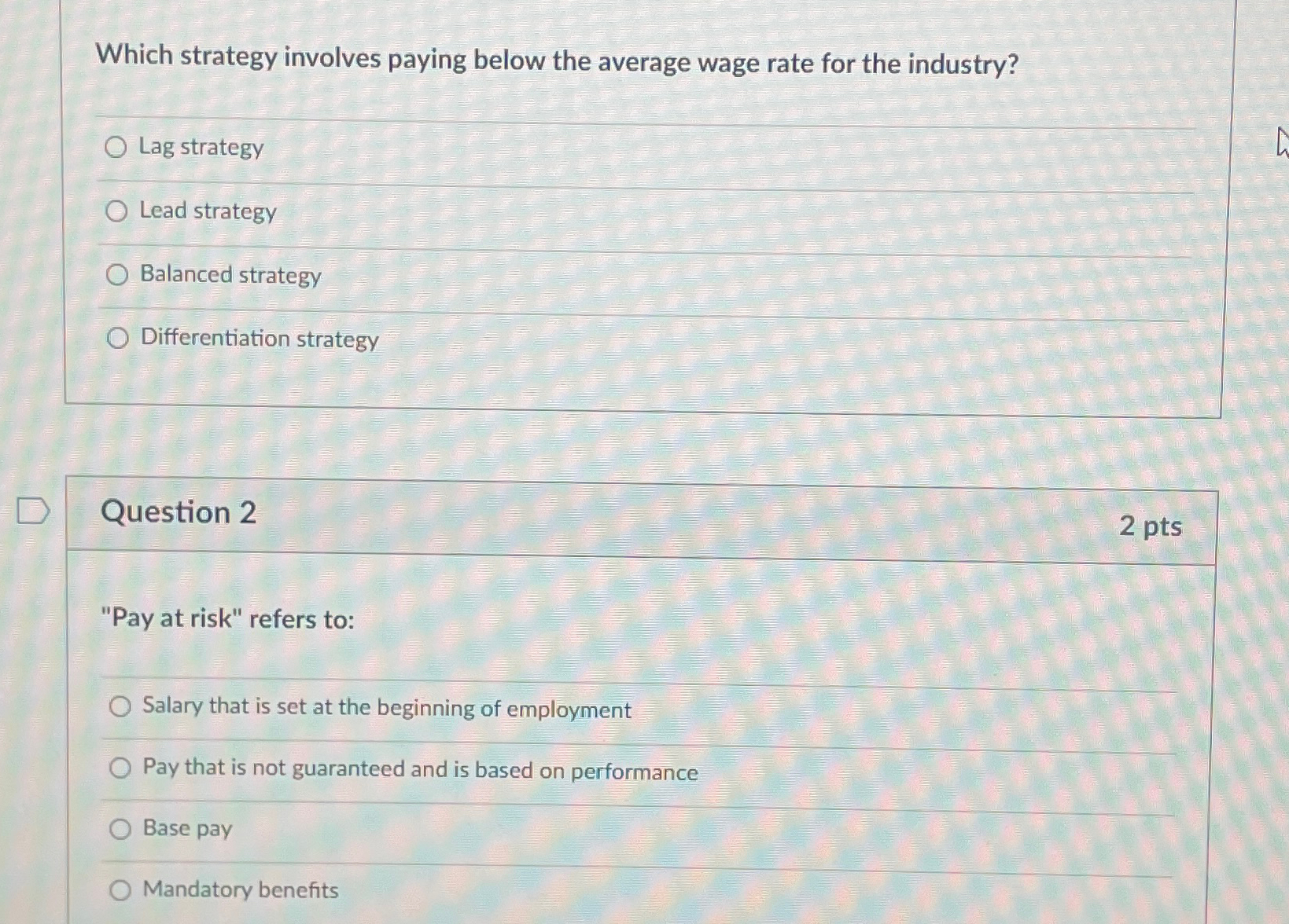  Which strategy involves paying below the average wage rate for the