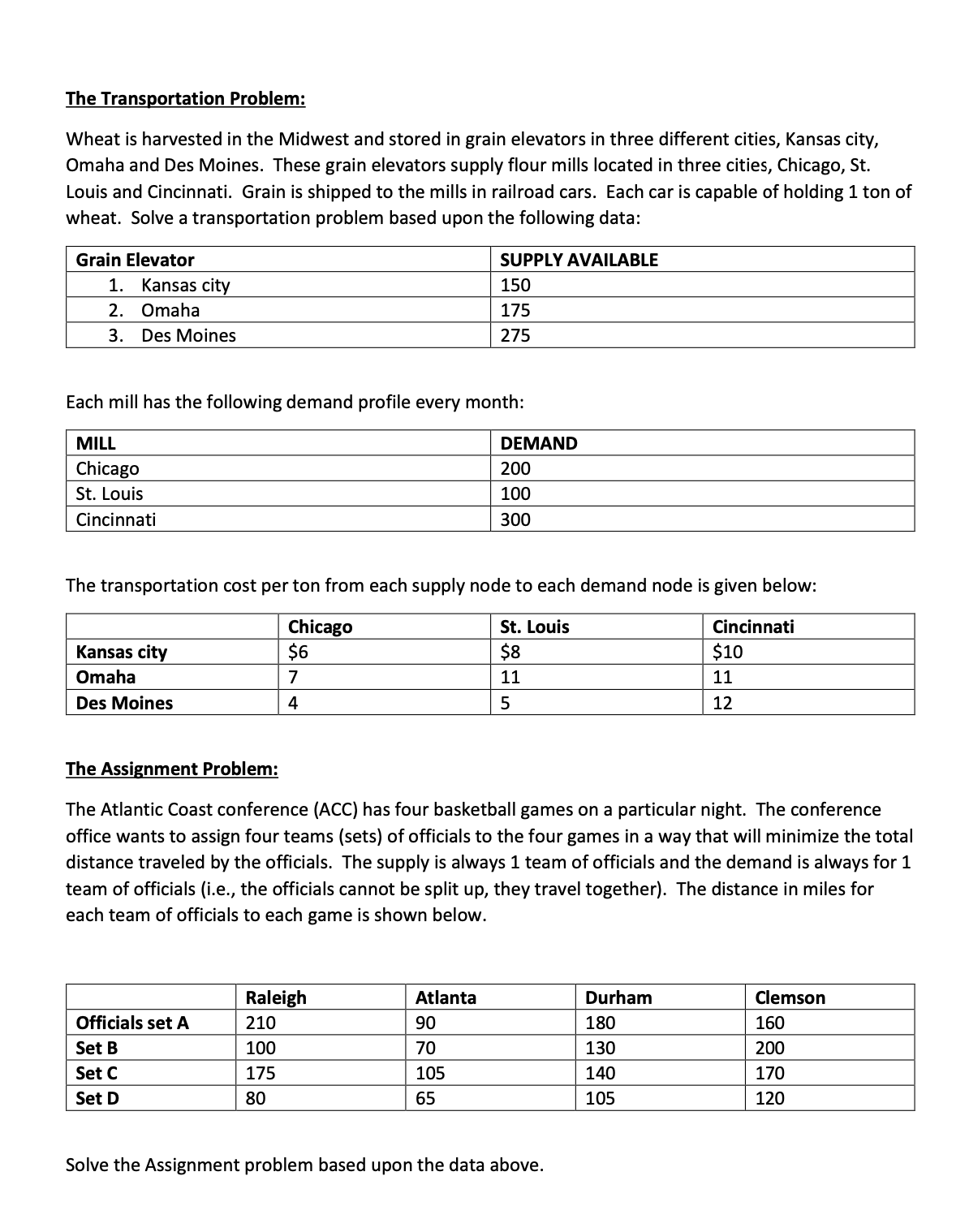  Answer this question based upon the TRANSPORTATION PROBLEM posted in Canvas
