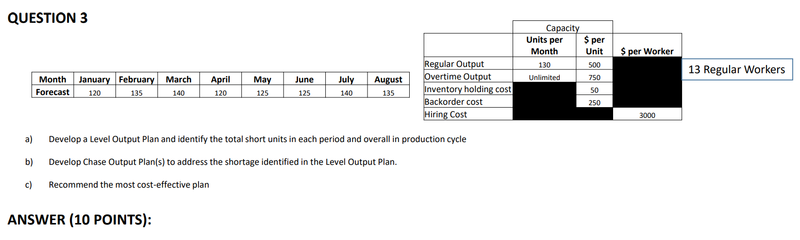 13 Regular Workers a) Develop a Level Output Plan and identify