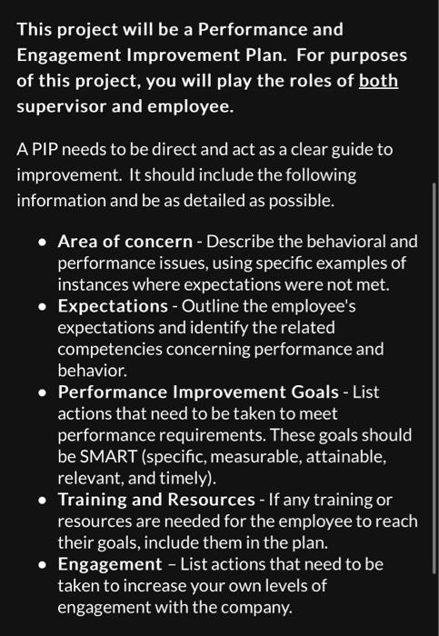  This project will be a Performance and Engagement Improvement Plan. For