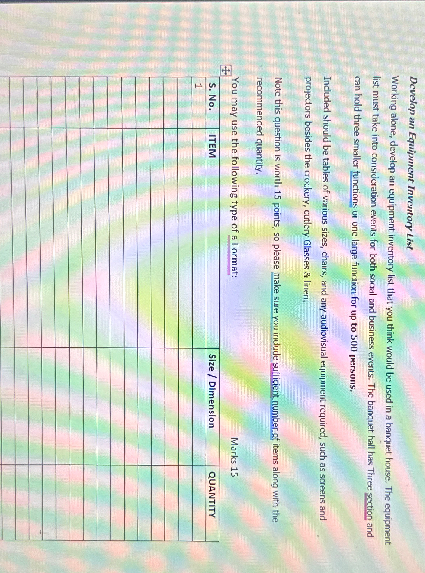  Develop an Equipment Inventory List Working alone, develop an equipment inventory
