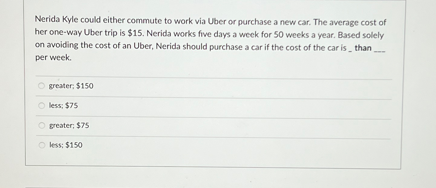  Nerida Kyle could either commute to work via Uber or purchase