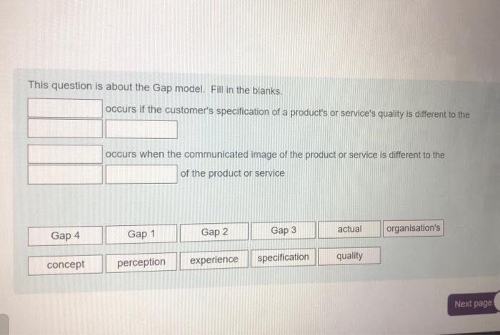  This question is about the Gap model. Fill in the blanks.