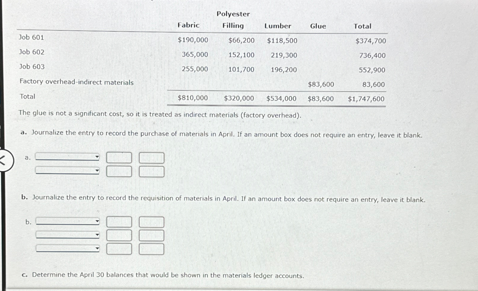 Polyester \table[[,Fabric,Filling,Lumber,Glue,Total],[Job 601,$190,000,$66,200,$118,500,,$374,700 