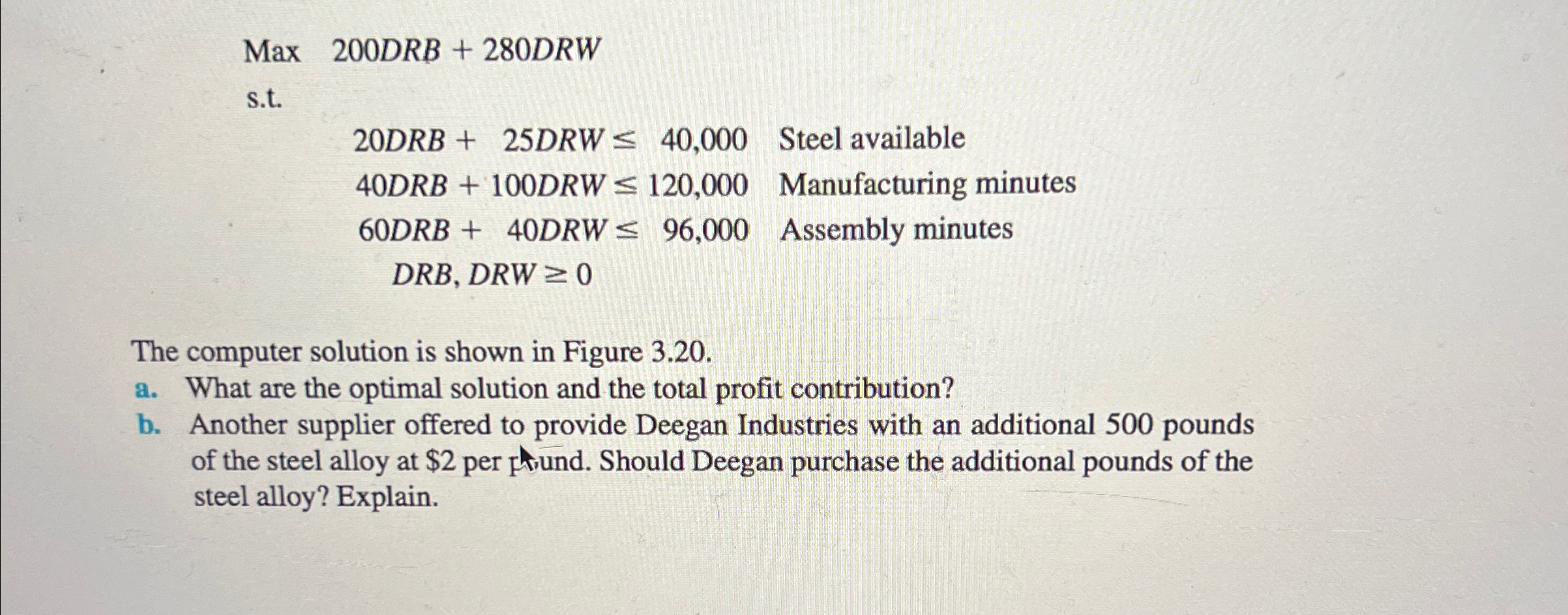  Max 200DRB+280DRW s.t. 20DRB+25DRW40,000 Steel available 40DRB+100DRW120,000 Manufacturing minutes 60DRB+40DRW96,000 Assembly