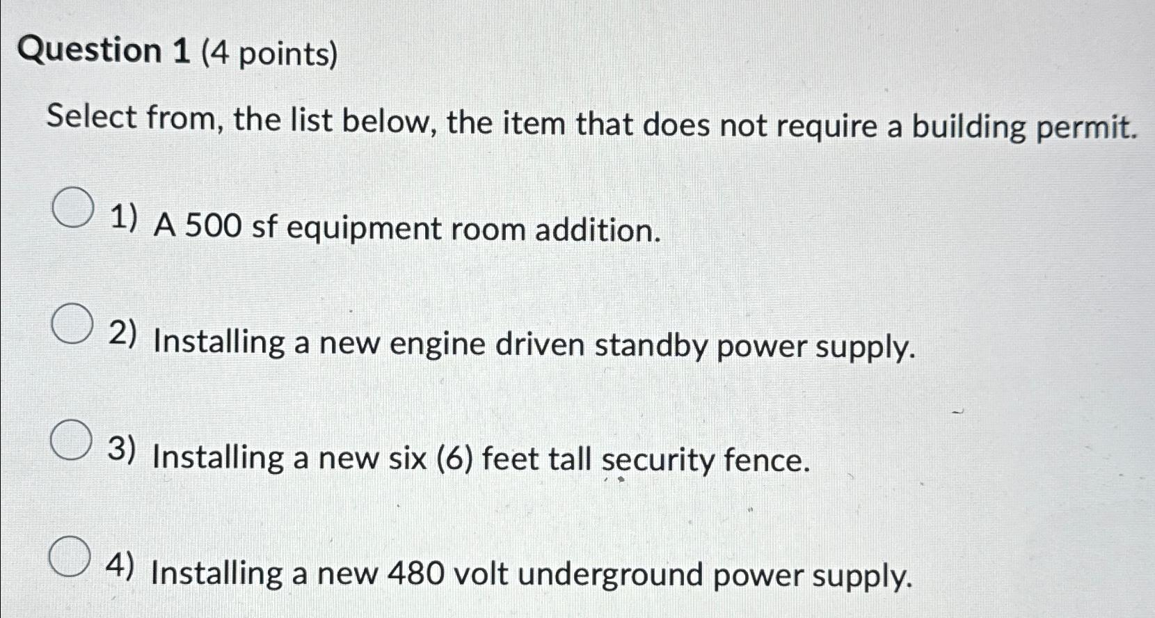  Question 1(4 points) Select from, the list below, the item that