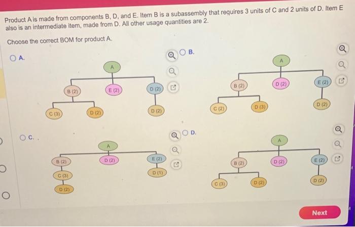  Product A is made from components B,D, and E. Item B