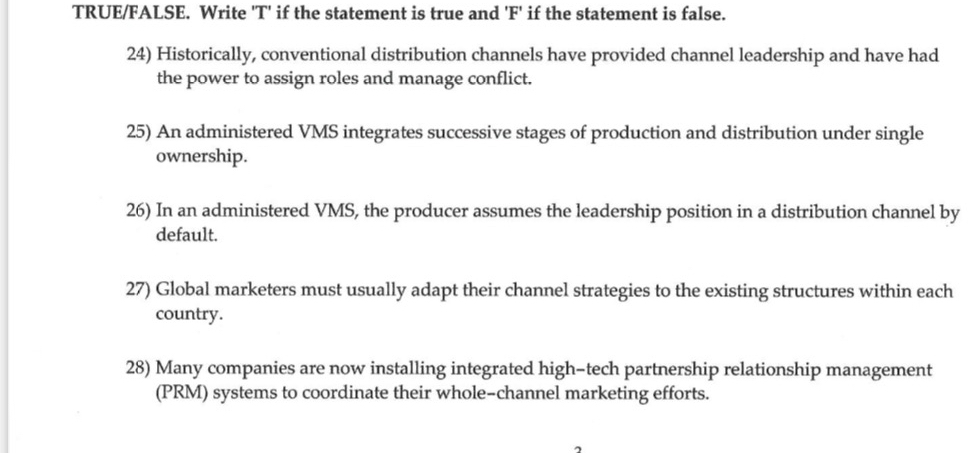  TRUE/FALSE. Write 'T' if the statement is true and 'F' if