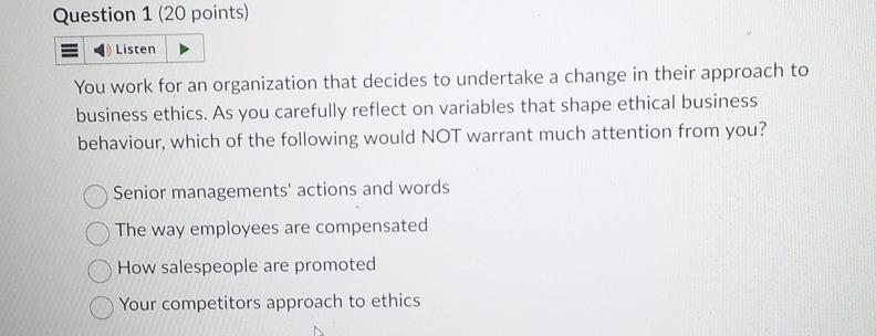  Question 1(20 points) You work for an organization that decides to