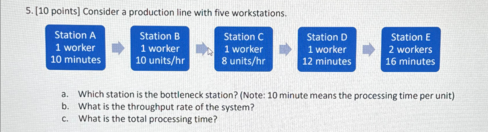  [10 points] Consider a production line with five workstations. \table[[Station A],[1