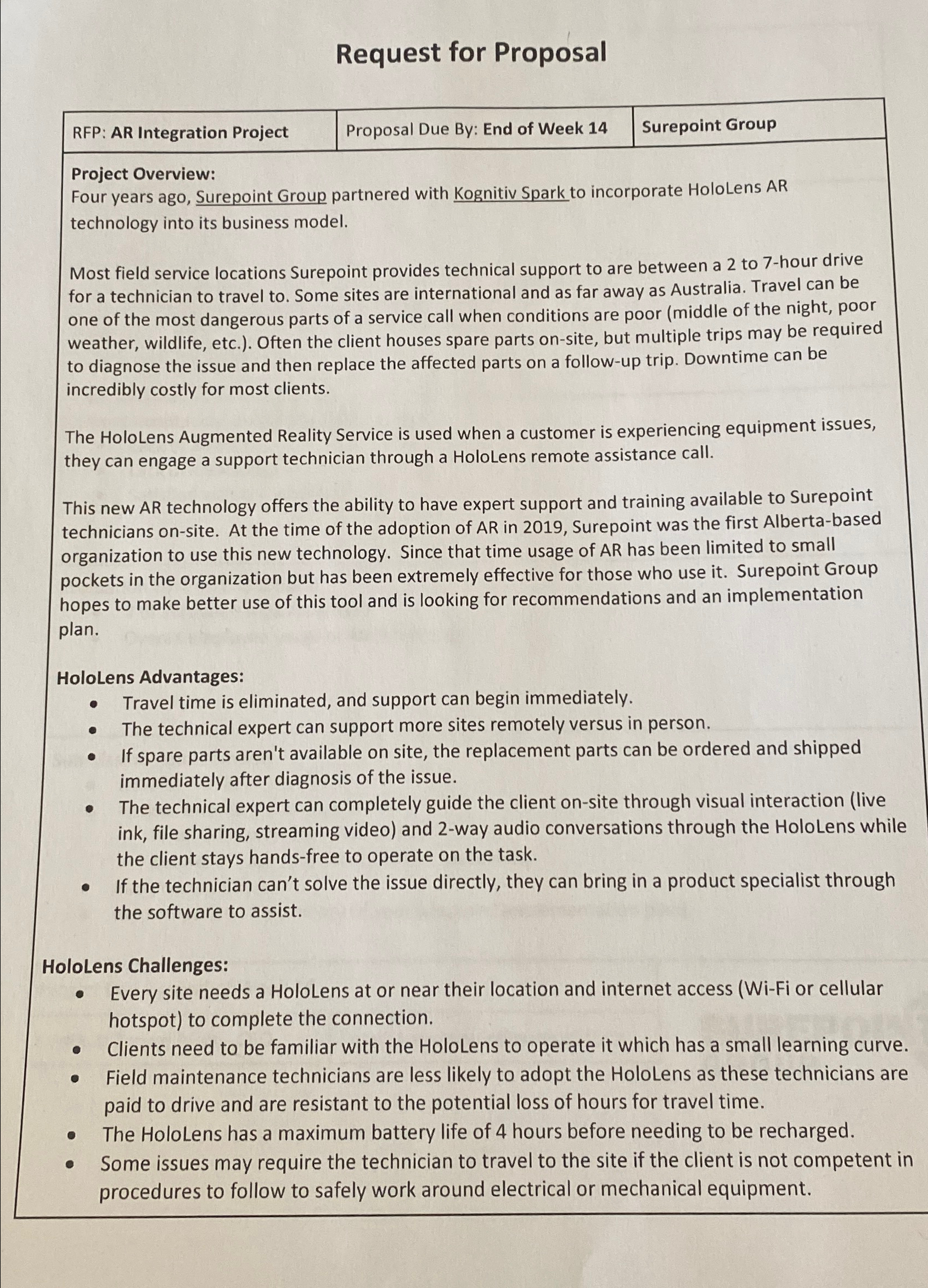  Request for Proposal \table[[RFP: AR Integration Project,Proposal Due By: End of