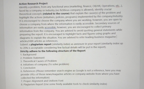  Action Research Project Identify a problem, from any functional area (marketing,