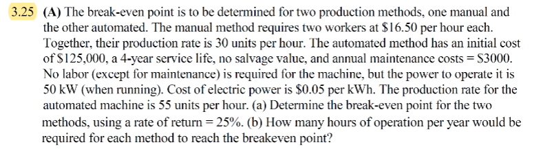  3.25(A) The break-even point is to be determined for two production