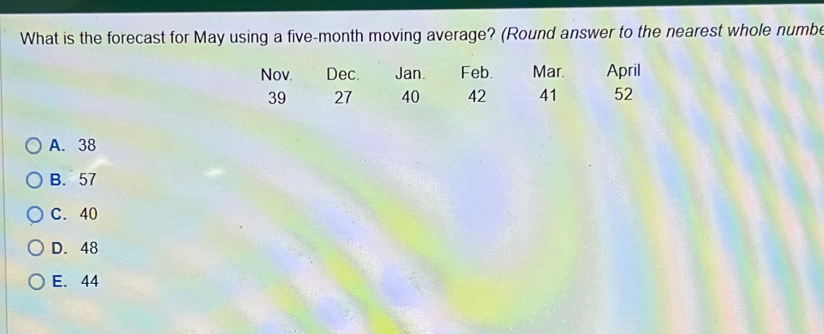  What is the forecast for May using a five-month moving average?
