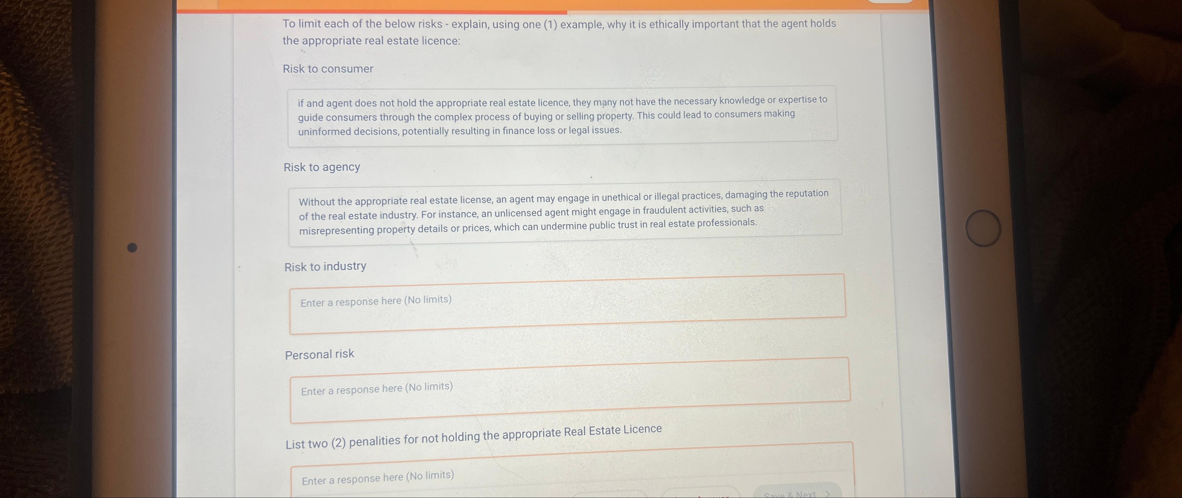  To limit each of the below risks - explain, using one