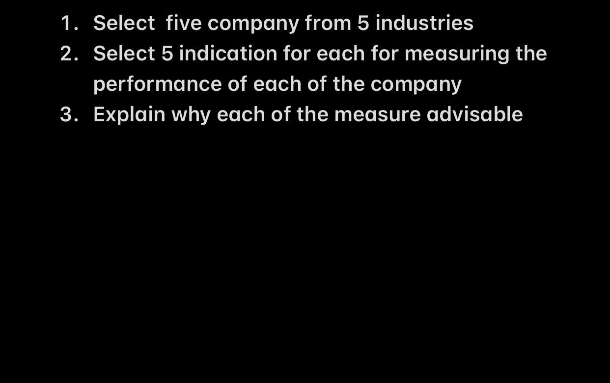  Select five company from 5 industries Select 5 indication for each