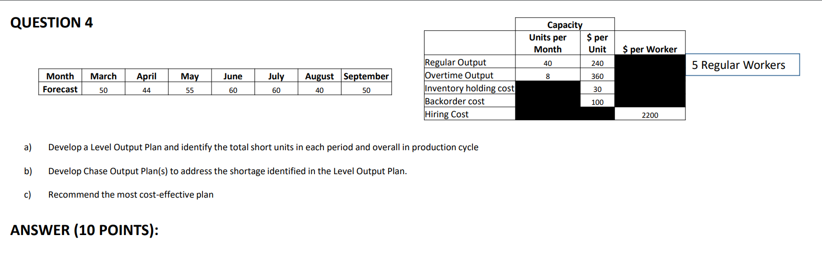  a) Develop a Level Output Plan and identify the total short