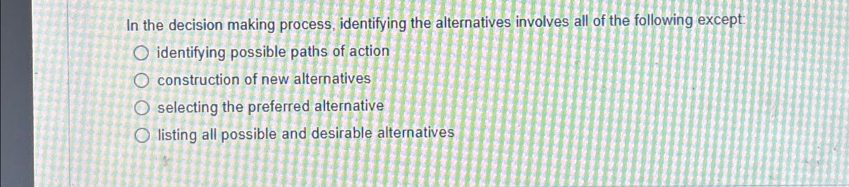  In the decision making process, identifying the alternatives involves all of