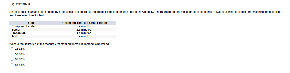  QUESTION 8 and three machines for test. \table[[Step,Processing Time per Circuit