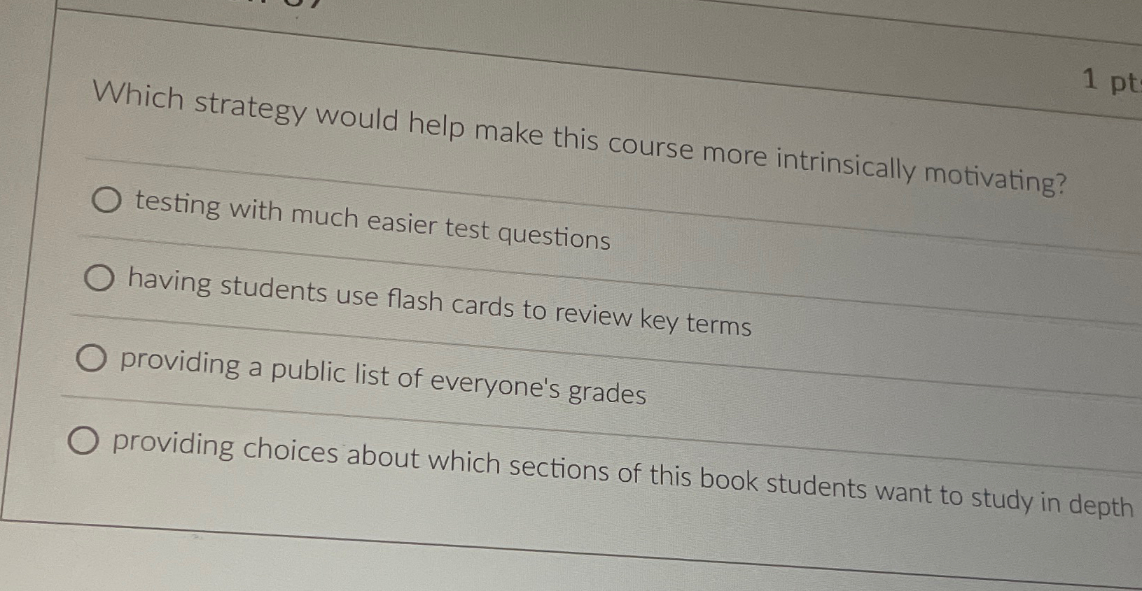  Which strategy would help make this course more intrinsically motivating? testing