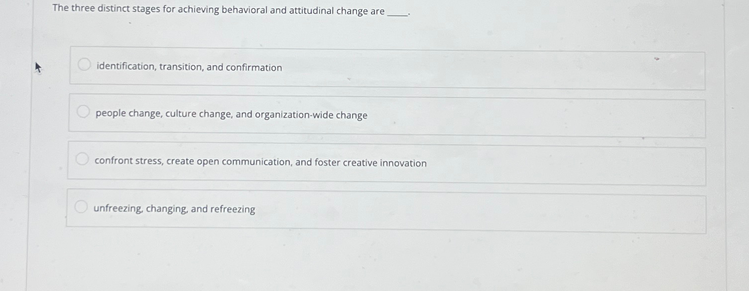  The three distinct stages for achieving behavioral and attitudinal change are