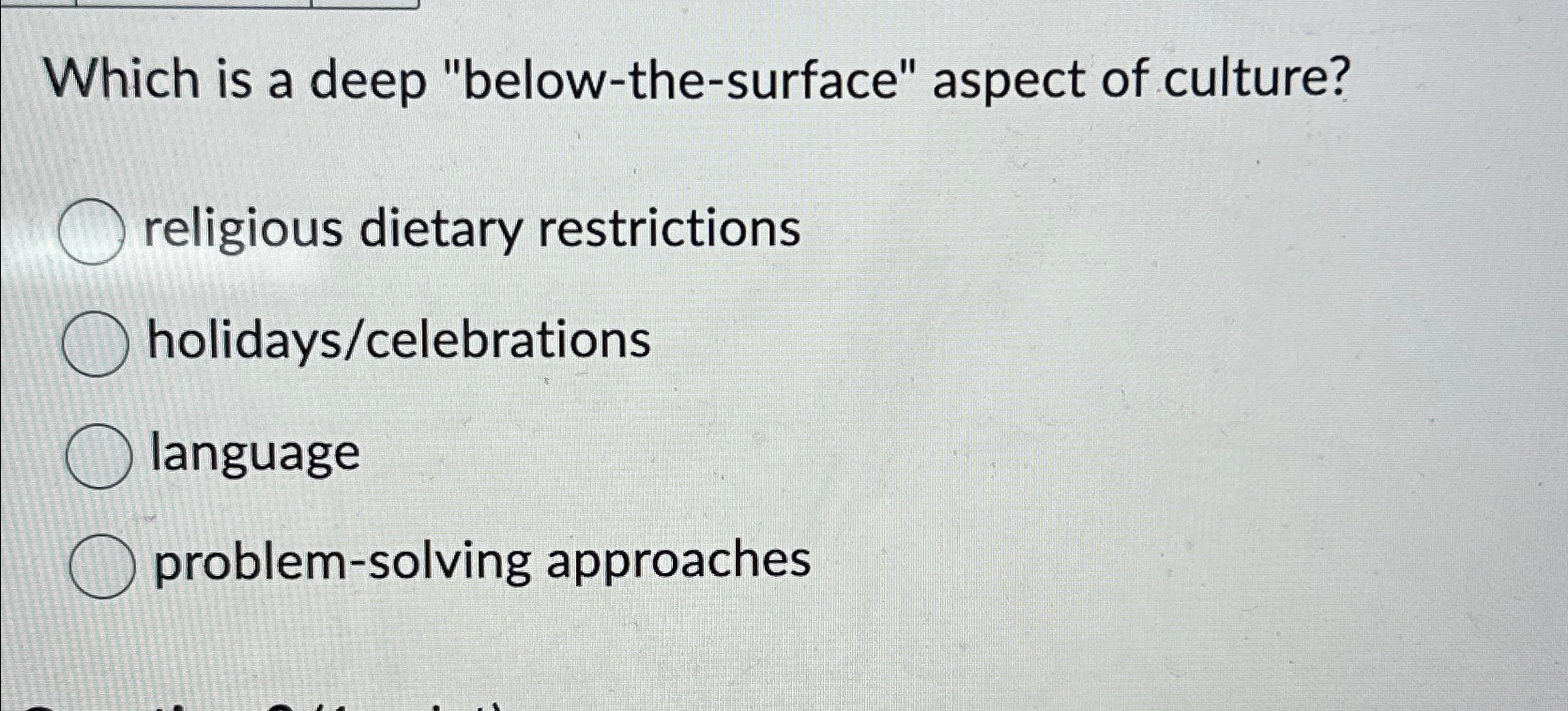  Which is a deep "below-the-surface" aspect of culture? religious dietary restrictions