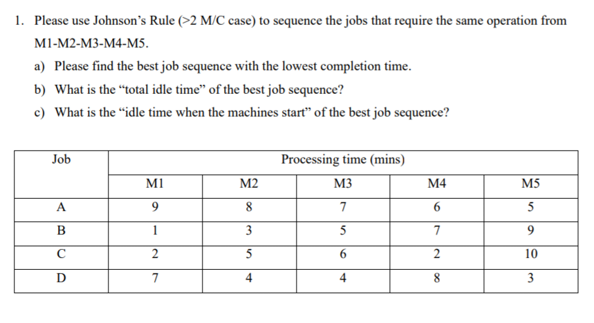  Please use Johnson's Rule (>2MC case) to sequence the jobs that