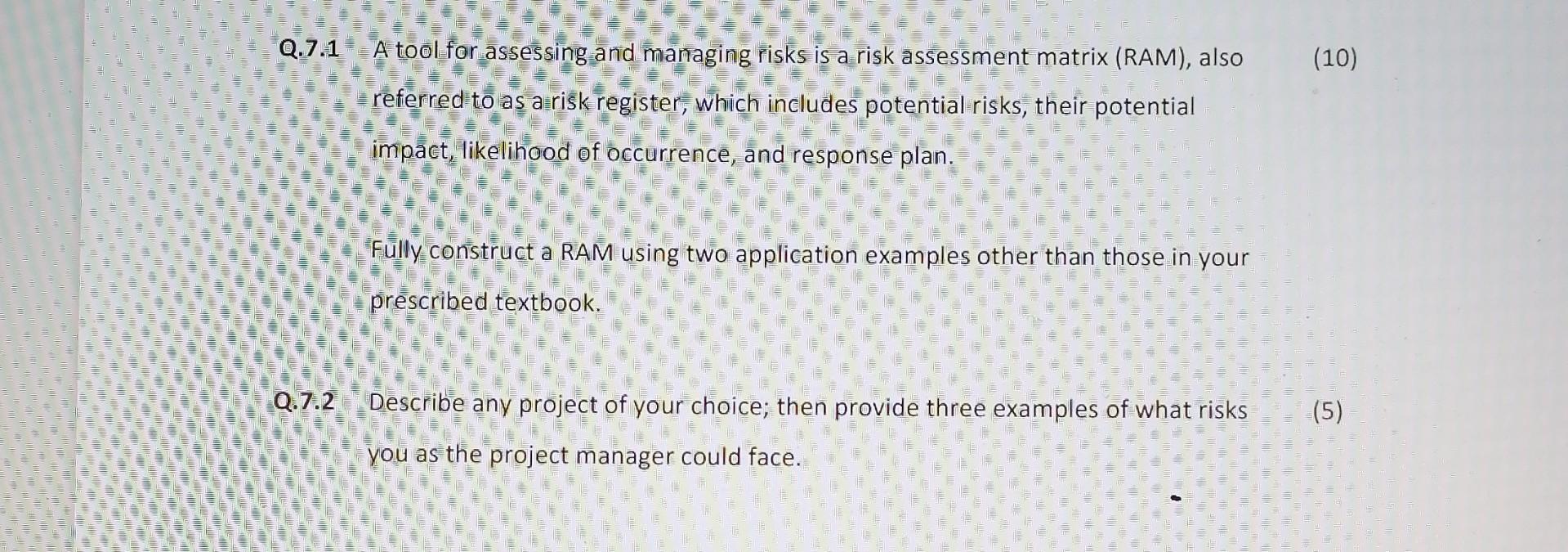  Q.7.1 A tool for assessing and mamaging risks is a risk