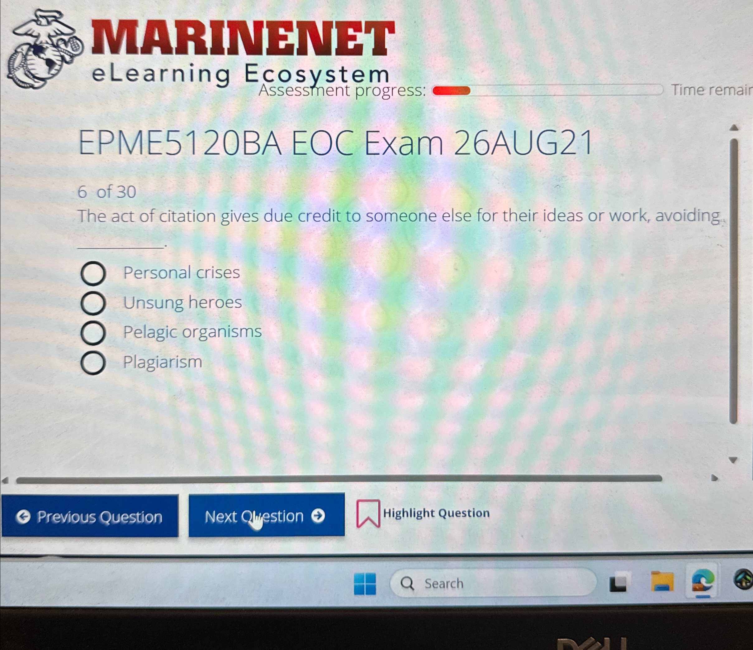  MARTNENET eLearning Ecosystem Assessment progress: Time remair EPME5120BA EOC Exam 26AUG21