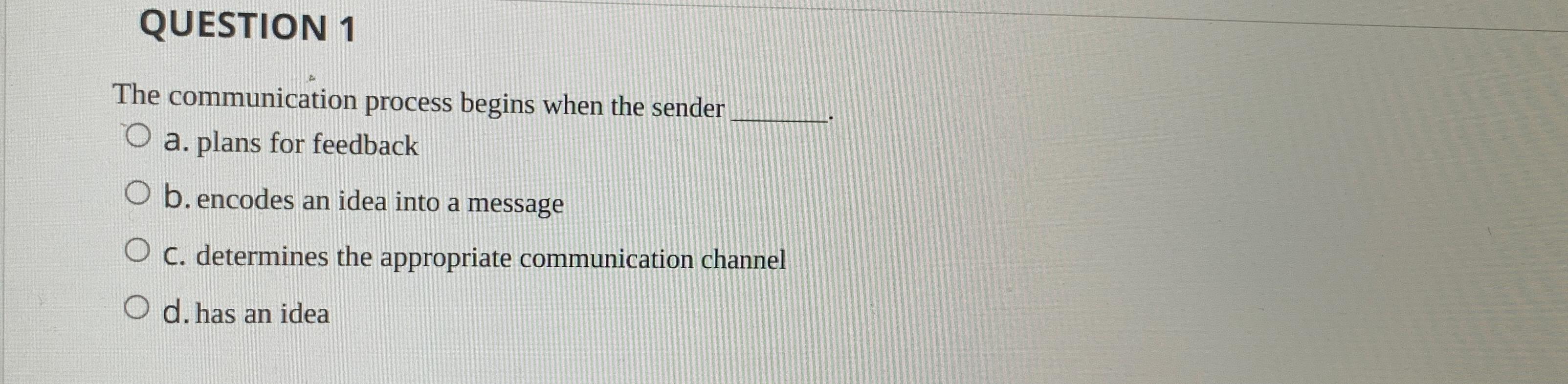  QUESTION 1 The communication process begins when the sender a. plans