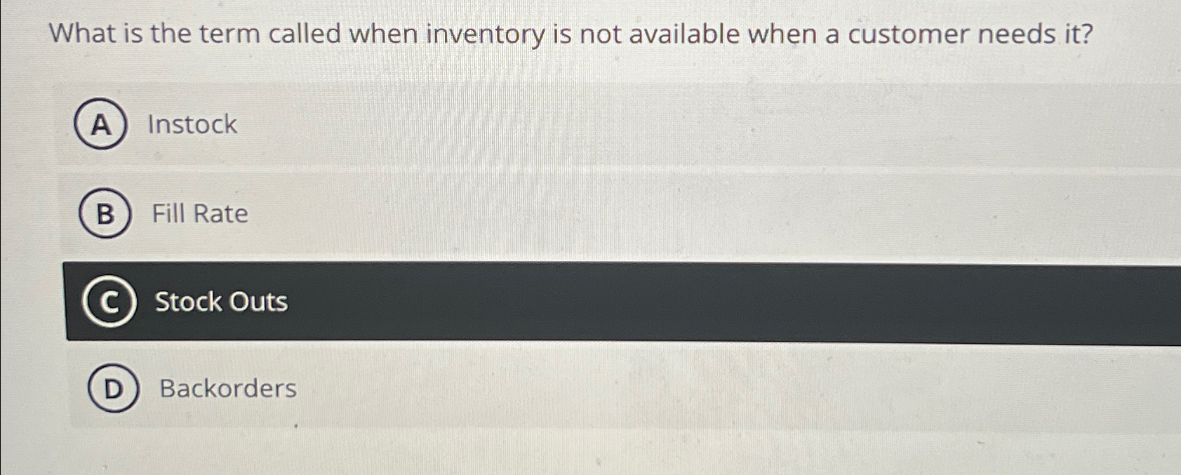  What is the term called when inventory is not available when