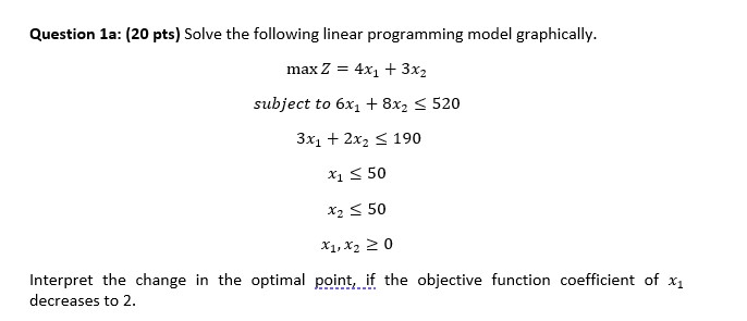  Question 1a: (20 pts) Solve the following linear programming model graphically.