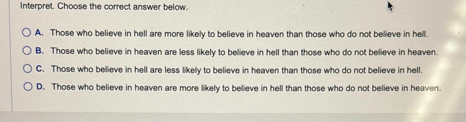  Interpret. Choose the correct answer below. A. Those who believe in