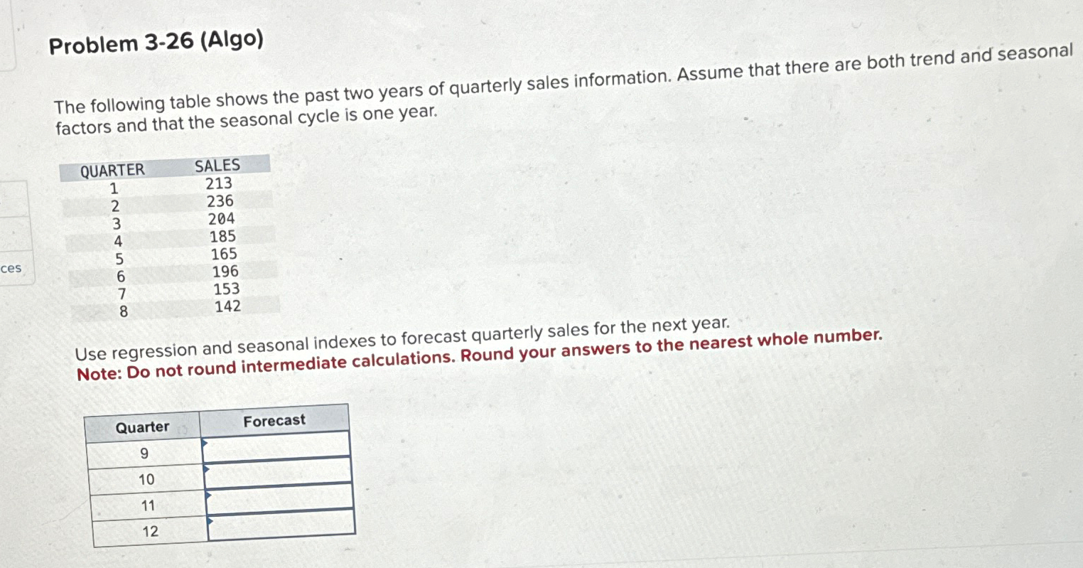  Problem 3-26(Algo) The following table shows the past two years of