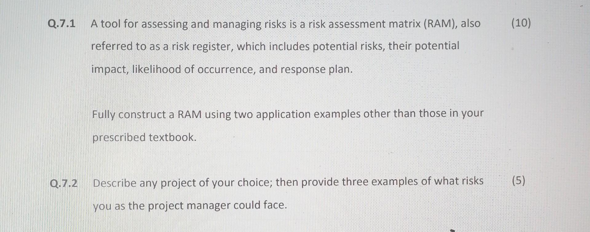  Q.7.1 A tool for assessing and managing risks is a risk