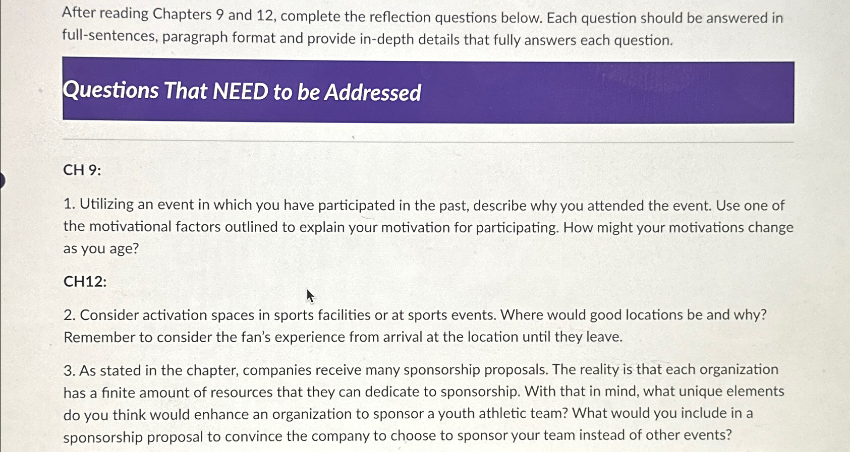  After reading Chapters 9 and 12, complete the reflection questions below.