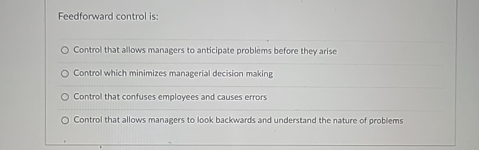  Feedforward control is: Control that allows managers to anticipate problems before