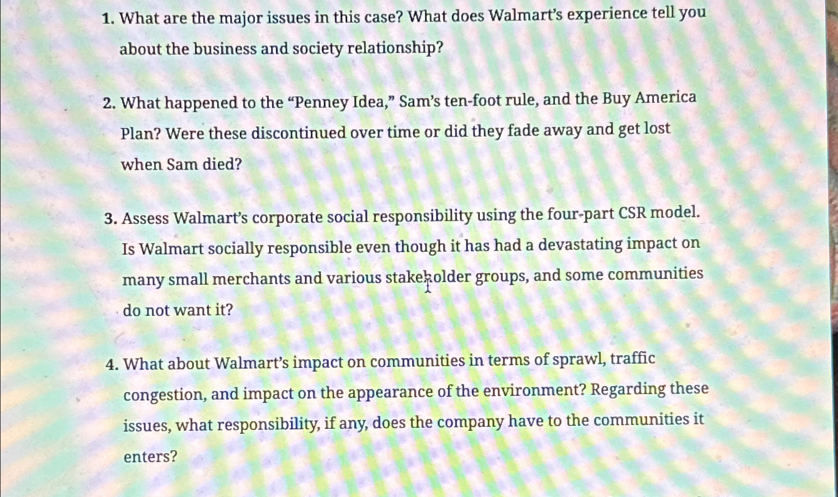  What are the major issues in this case? What does Walmart's