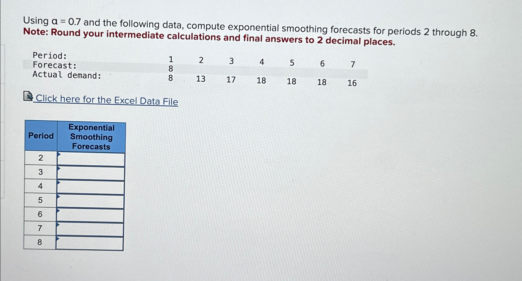  Using a=0.7 and the following data, compute exponential smoothing forecasts for