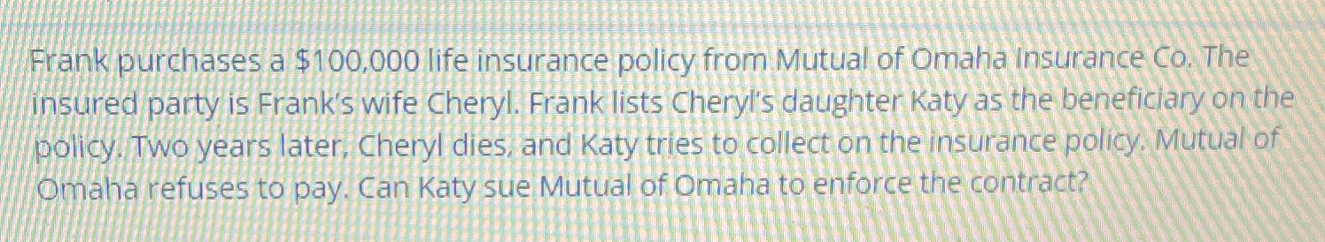  Frank purchases a $100,000 life insurance policy from Mutual of Omaha