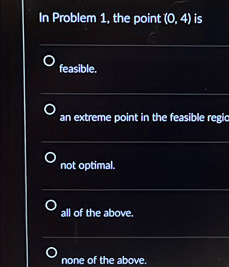  In Problem 1, the point (0,4) is feasible. an extreme point